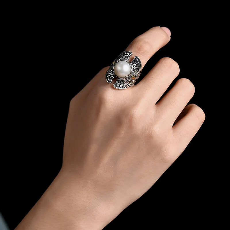 Bali Retro Style Freshwater Pearls Geometric Palace Open Ring - Pearl, Ruby or Onyx - Image 4