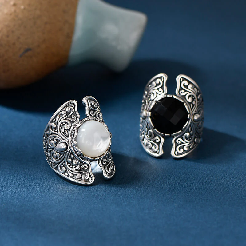 Bali Retro Style Freshwater Pearls Geometric Palace Open Ring - Pearl, Ruby or Onyx - Image 5