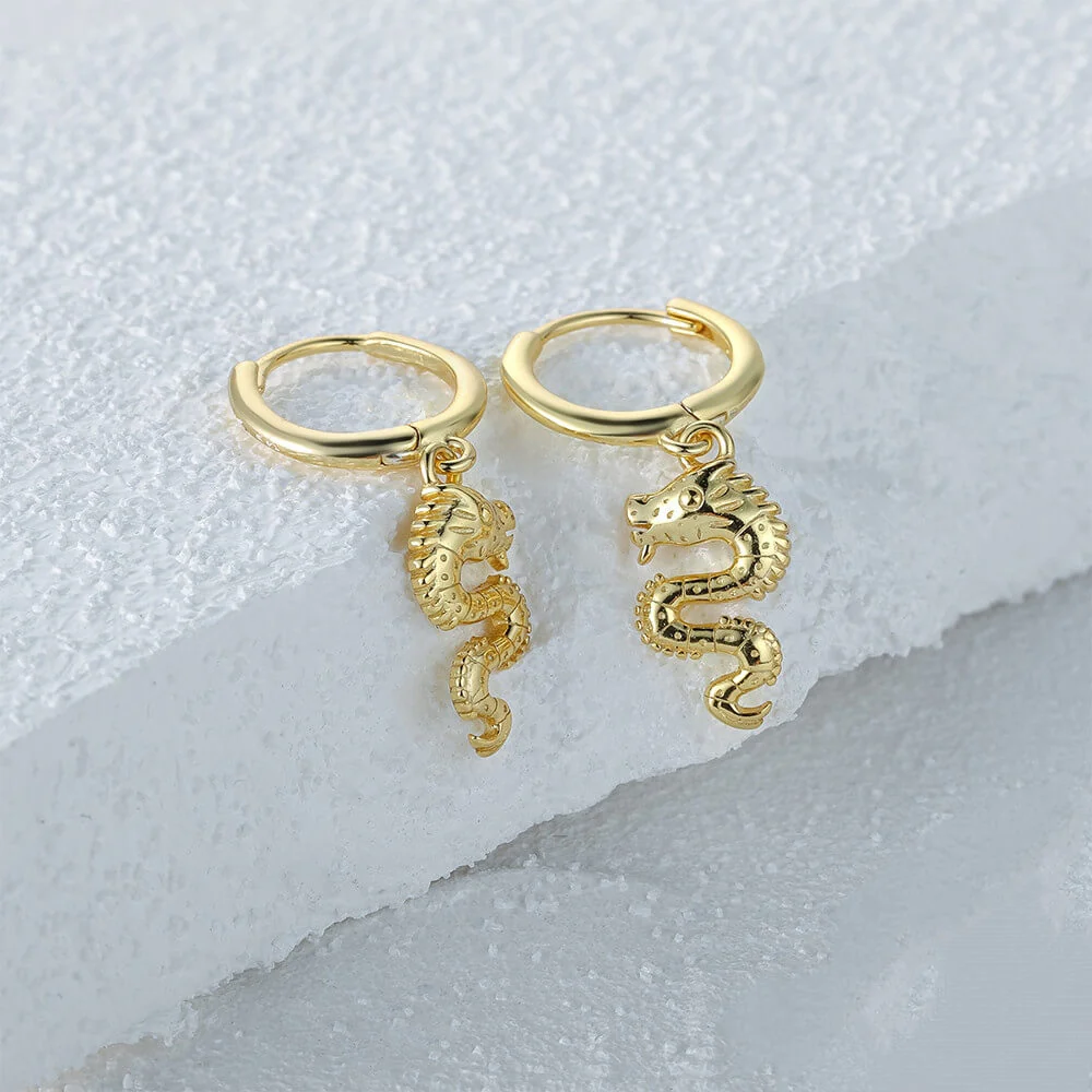 Divine Dragon Charm Huggie Hoop Earrings - Silver or Gold - Image 3