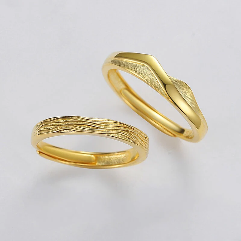 18k Gold Plated 999 Sterling Silver Mountain & Sea Couple Rings - Image 3