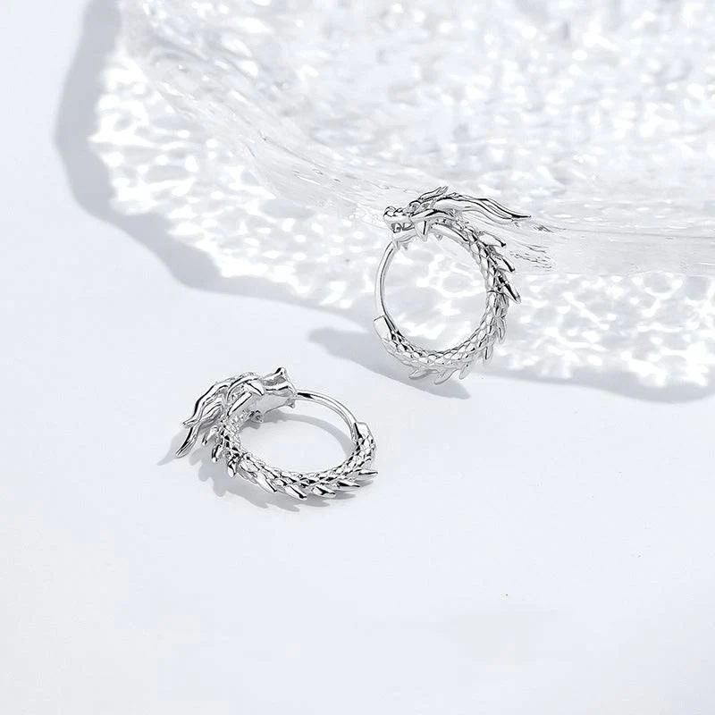 Sterling Silver Dragon Hoop Earrings - Mythical Dragon Jewelry - Image 3
