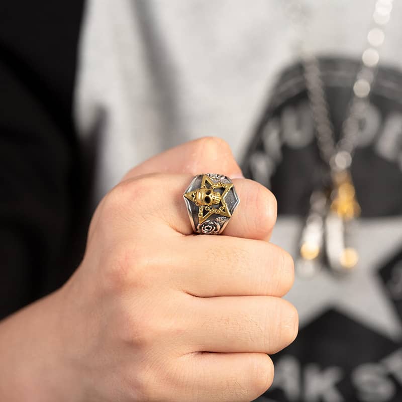 Handmade Skull Two Tone Silver Ring With Roses - Image 3