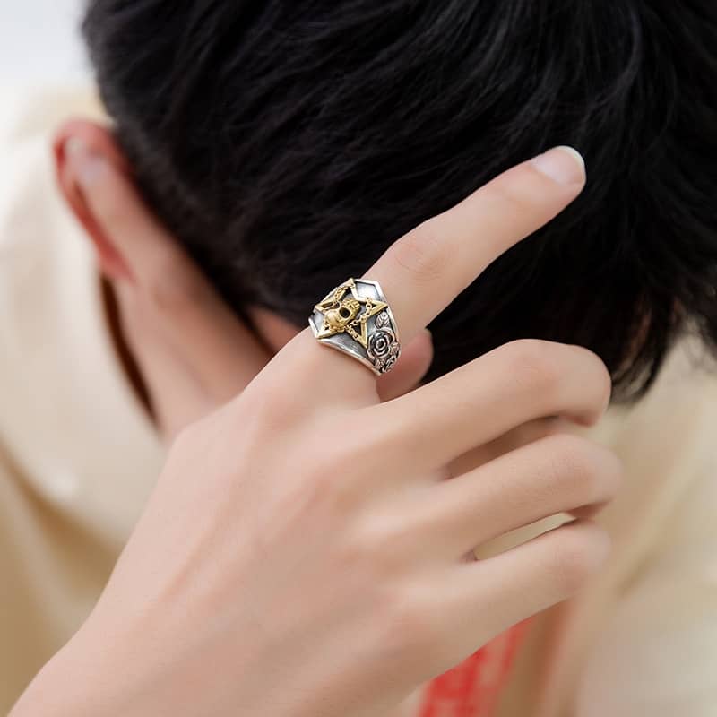 Handmade Skull Two Tone Silver Ring With Roses - Image 4