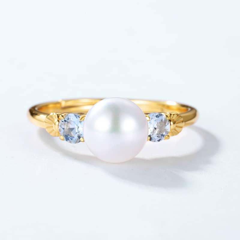 Natural Pearl Silver Ring with Blue Topaz - Image 3
