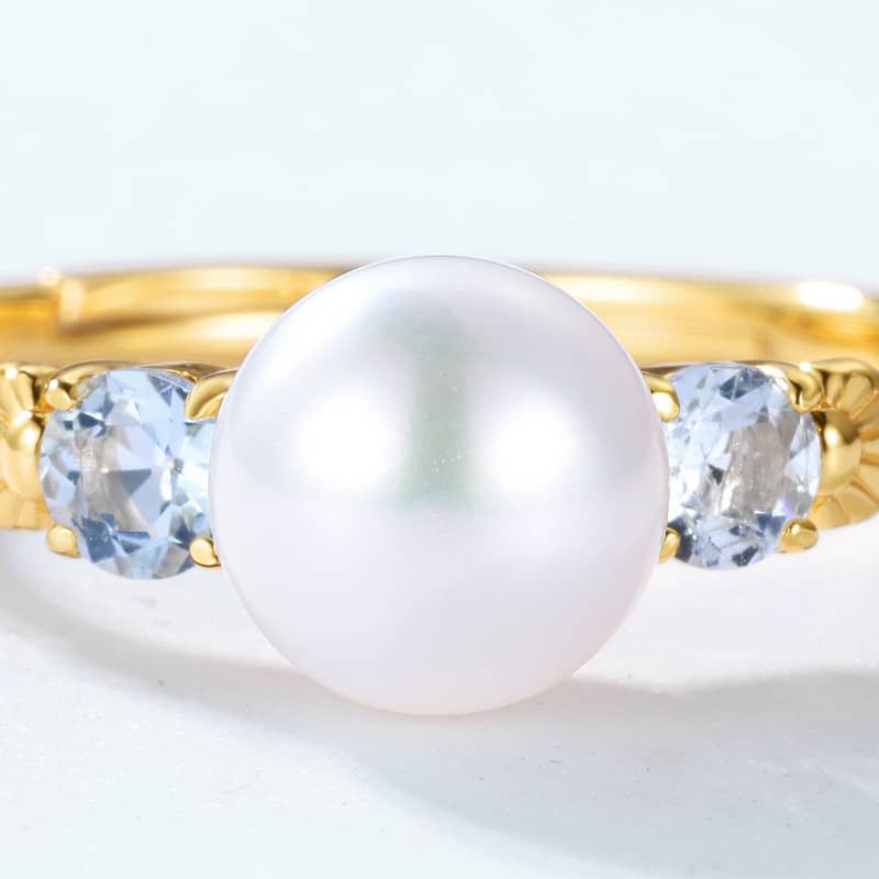 Natural Pearl Silver Ring with Blue Topaz - Image 4