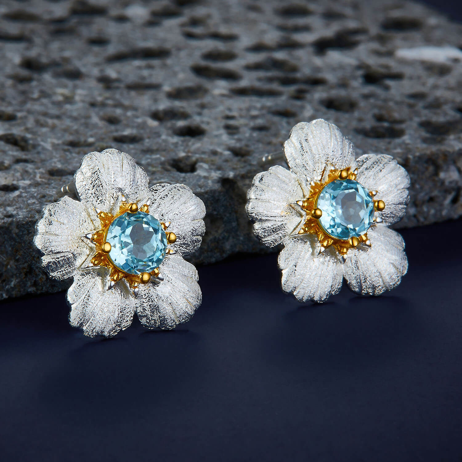 Natural Topaz Floral Two Tone Stud Earrings - Image 3