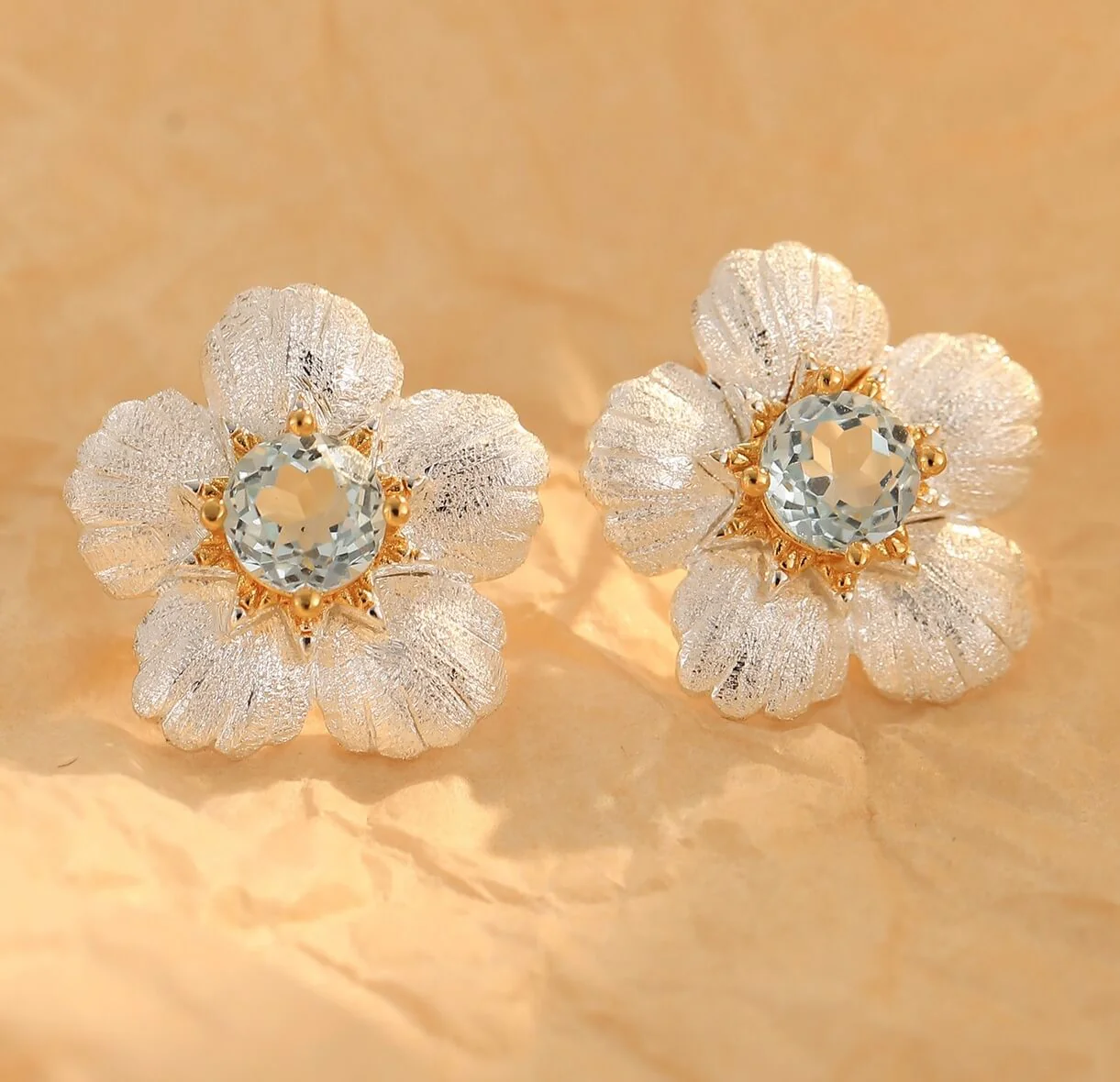 Natural Topaz Floral Two Tone Stud Earrings - Image 4