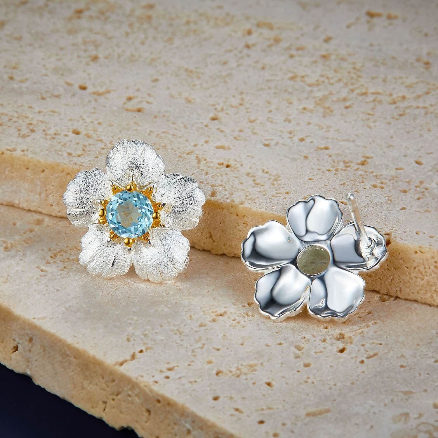 Natural Topaz Floral Two Tone Stud Earrings - Image 5