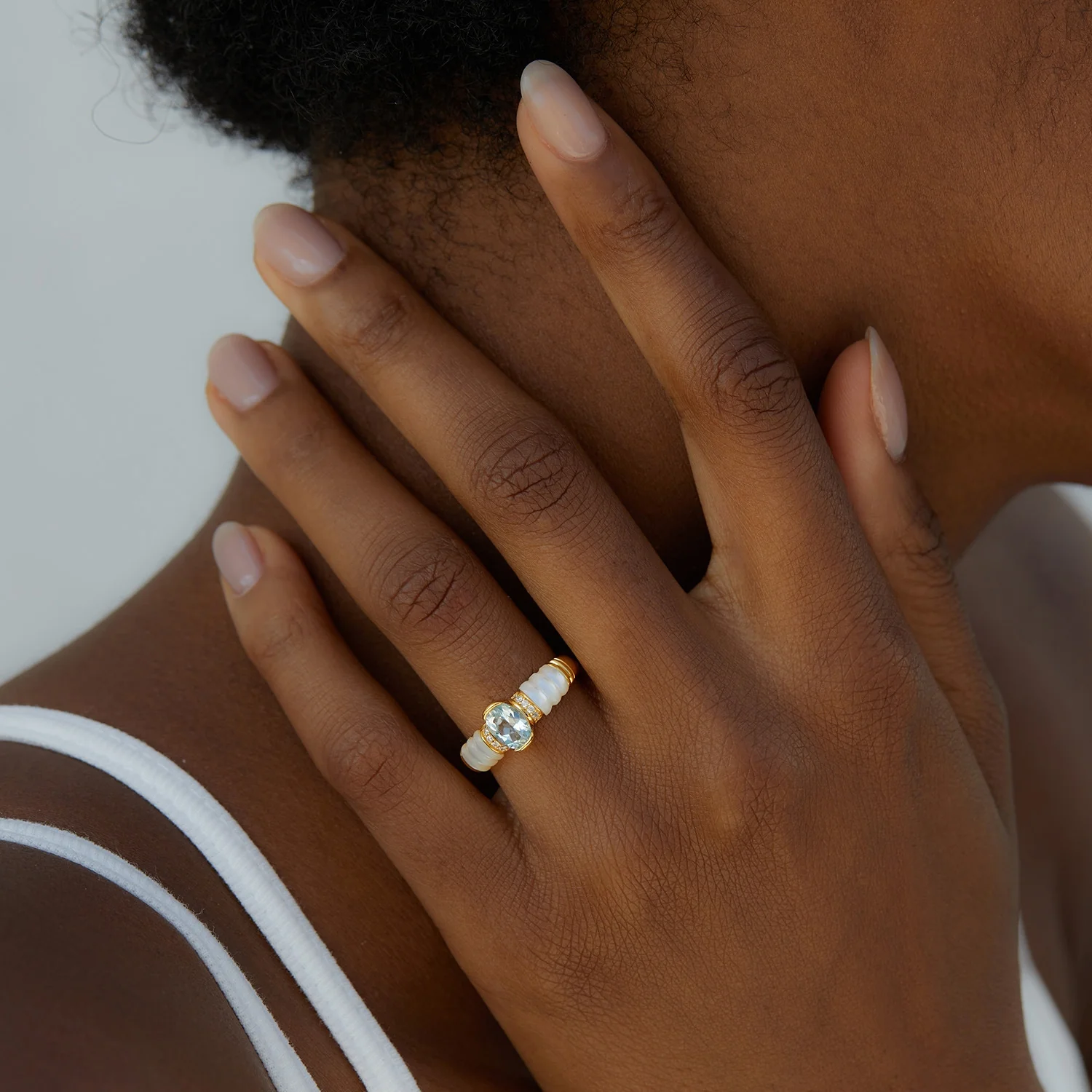 Oval Blue Topaz & Mother of Pearl Ring - Silver or Gold - Image 3