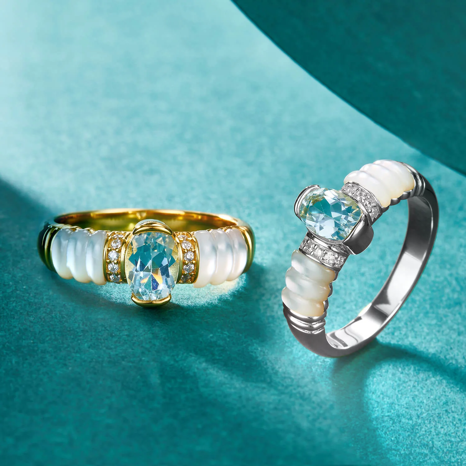 Oval Blue Topaz & Mother of Pearl Ring - Silver or Gold - Image 5