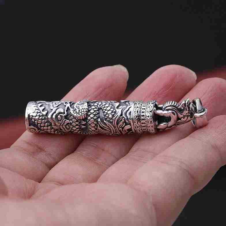 Retro Ghau (ga'u) Engraved Dragon Prayer Box Pendant Necklace - Image 3