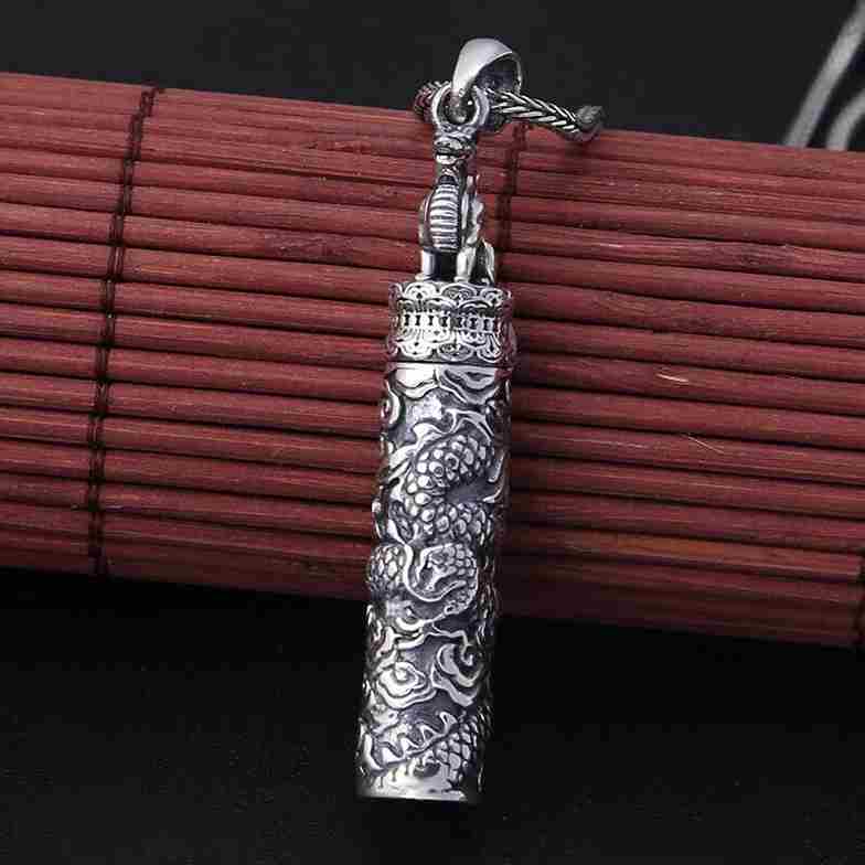 Retro Ghau (ga'u) Engraved Dragon Prayer Box Pendant Necklace - Image 5