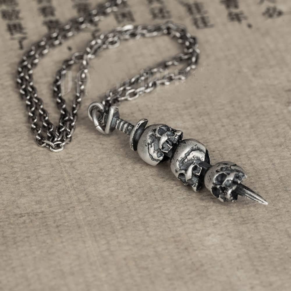 Sword Piercing Three Skulls Silver Pendant Necklace - Image 3