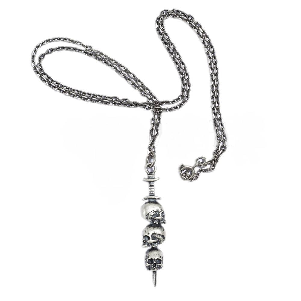 Sword Piercing Three Skulls Silver Pendant Necklace - Image 4