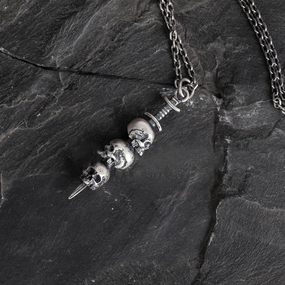 Sword Piercing Three Skulls Silver Pendant Necklace - Image 5